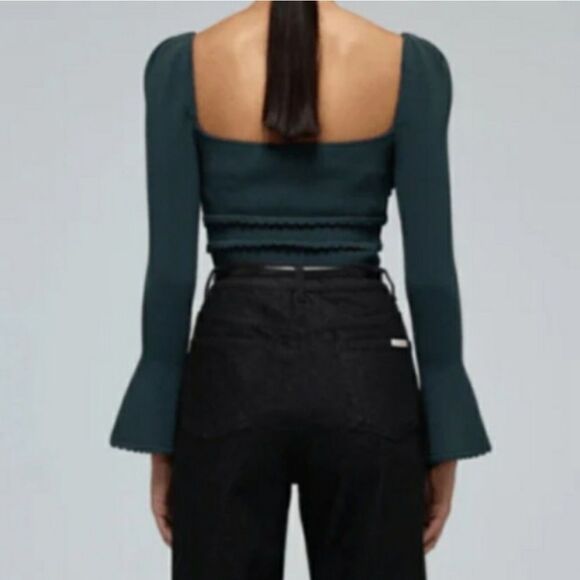 Self-Portrait Knit Scallop Edge Sweetheart Neck Bell Sleeve Top in Green | Small - Picture 2 of 9